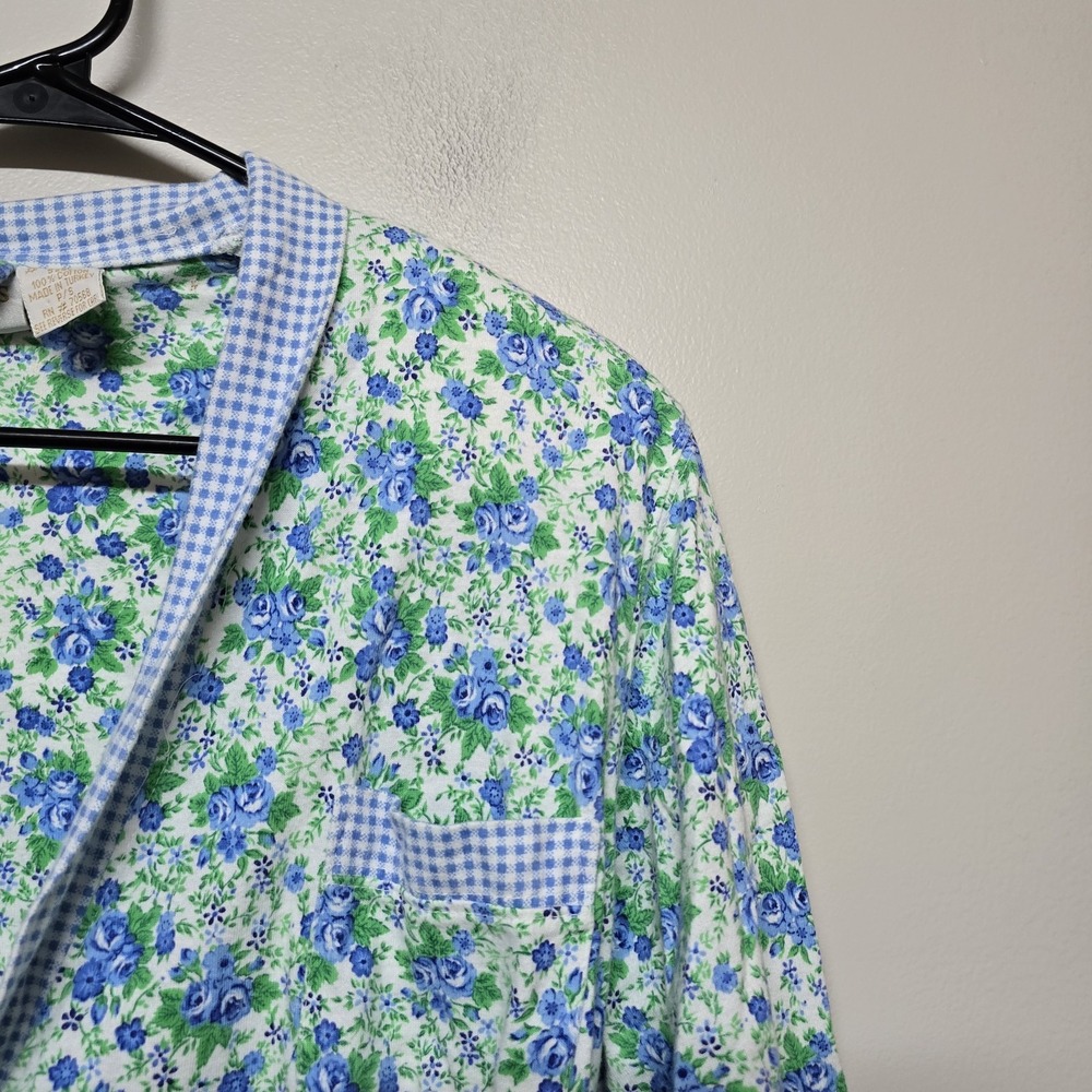 Vintage Victoria's‎ Secret Cotton Robe Blue Floral Gingham Trim P/S Cottagecore - Picture 3 of 5